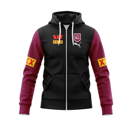 Queensland Maroons 2024 Black Media Replica Zip Up Hoodie